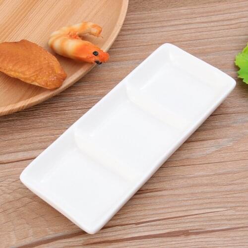 6/8.5 Inch Pure White Ceramic 3-Compartment Appetizer Serving Tray Rectangular Divided Sauce Dishes for Spice Dish Soy Sauce