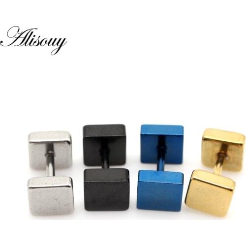 Alisouy 2pc Punk 3-8mm Square Ear Stud Earring Gothic Style Fake Tunnel Plug Earlobe Piercings Surgical Steel Cartilage Ear Stud