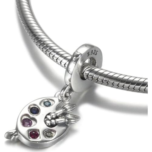 Authentic S925 Silver Bead Artists Palette Pave Crystal Dangle Charm for Women Bracelet Bangle DIY Jewelry