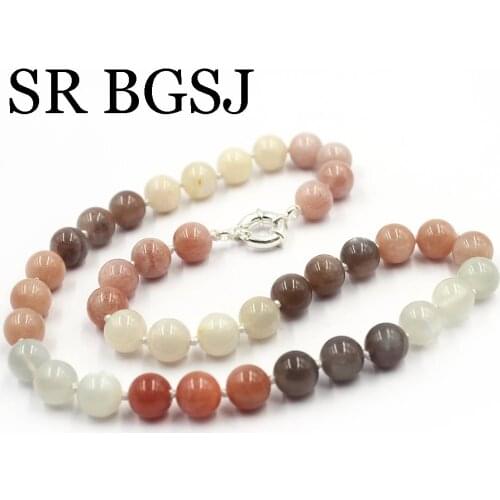Free Ship 10mm Mixed Sun Stone Round Beads Knot Genuine Stone Chocker Beaded Necklace Strand 17.5"