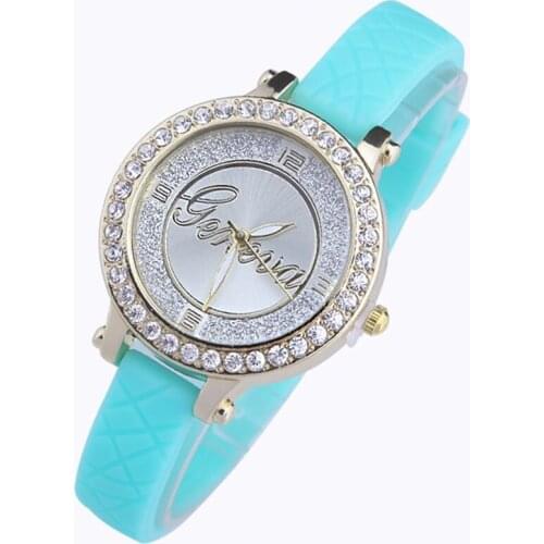 Gnova Platinum small women watch golden dial Silicone Strap Quartz Wristwatch fashion girl clock Geneva style Rhinestone Crystal