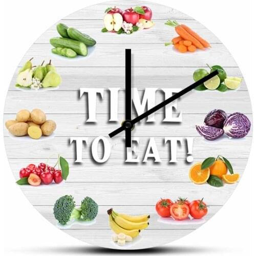 Time to Eat Your Fruits And Vegetables Round Kitchen Wall Clock Healthy lifestyle Veggies Artwork Timepieces Silent Quartz Clock