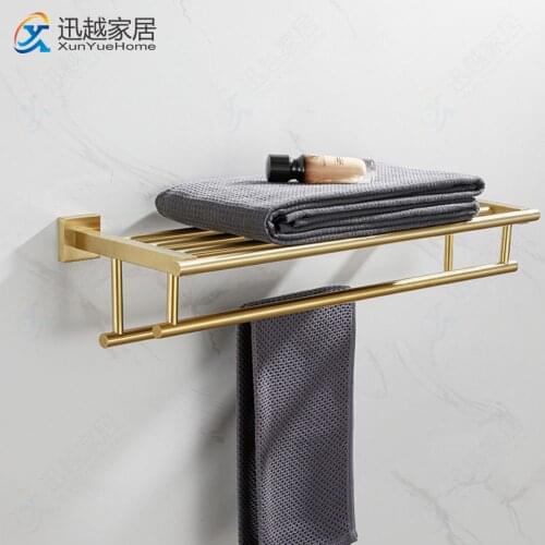 Bath Towel Holder Rack Brushed Gold Double Hanger Golden Toilet Storage Shelves 304 Stainless Steel Hotel Bathroom Accessories
