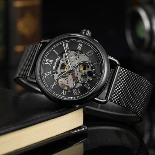 Forsining Men Mechanical Wristwatches Self-Winding Automatic Mens Watches Mesh Band Stainless Steel Skeleton Watch Gifts 2019