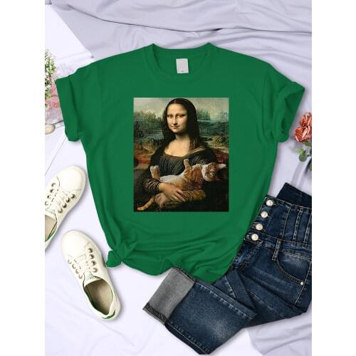 Oil Painting Mona Lisa And Cat Womens T-Shirt Summer Loose Breathable T Shirt Couple Brand Tee Clothes Simplicity Tops Women