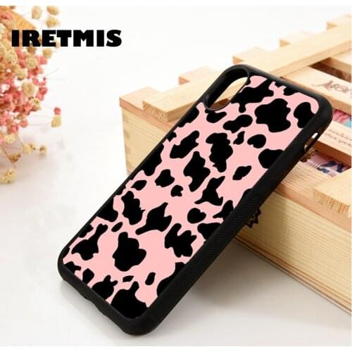 Iretmis 5 5S SE 6 6S Silicone Rubber Phone Case Cover for iPhone 7 8 Plus X Xs 11 12 MINI Pro Max XR Pink And Black Cow Print