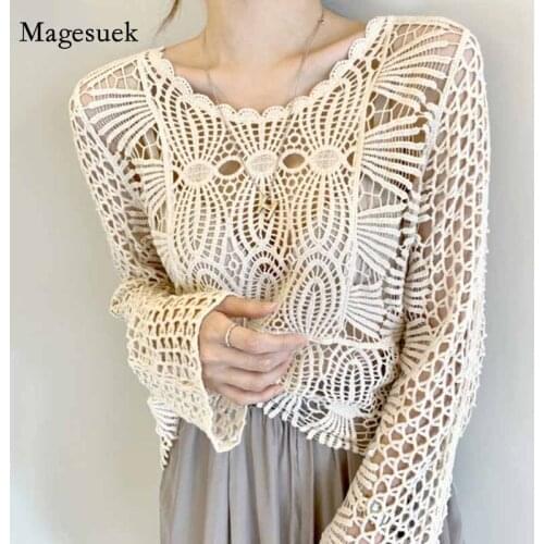 Hook Flower Hollow Design Sweet Lace O-Neck Blouse Korea Chic Elegant Long Sleeve Sunscreen Shirt Woman Chemisier Femme 12693