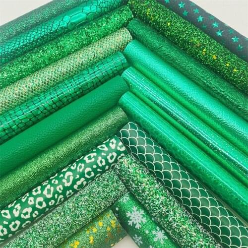 19PCS/SET Green Chunky Glitter Leather Fabric Stars Leopard Snowflakes Fish Scales Leather Sheets For Bows DIY 21X29CM GM3503