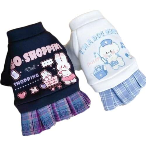 Cute Cat Clothes Dog Hoodie Dress Coat Winter Pullover Sweatshirt Shirt Plaid Skirt For Small Dogs Pug White Black Pet Costume L