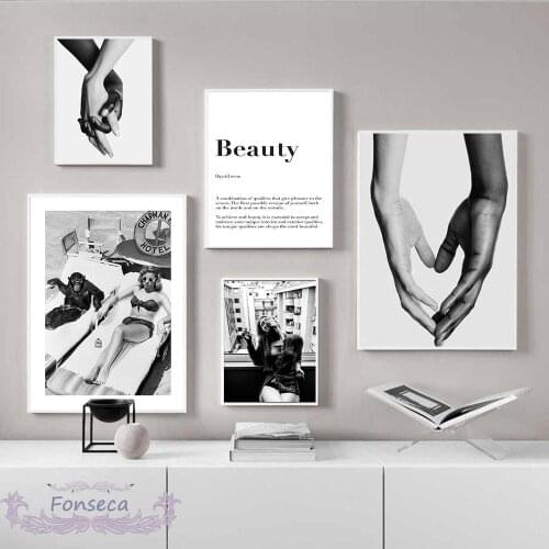 Fashion Modern Black White Shake Hands Picture Woman and Monkey Canvas Painting Wall Art Print Beauty Quote Poster for Room