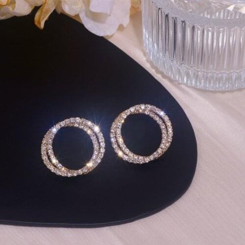 Trendy Simple Double Circle Rhinestone Stud Earrings For Women Elegant Crystal Round Earrings Female Wedding Jewelry Oorbellen