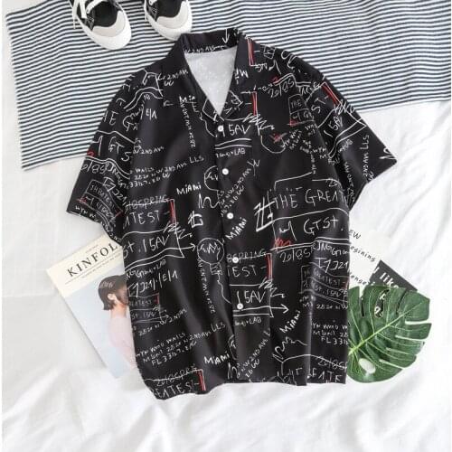 Vintage Letter Graffiti Full Printing Hip Hop Shirt Summer New Short Sleeved Mens Shirts Hawaiian Streetwear Oversized Shirt