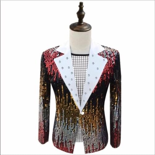 S-5xl New Plus Size Clothes Men Paillette Suit Host Nightclub Gradient Color Sequined Blazers Jacket Coat Singer Stage Costume