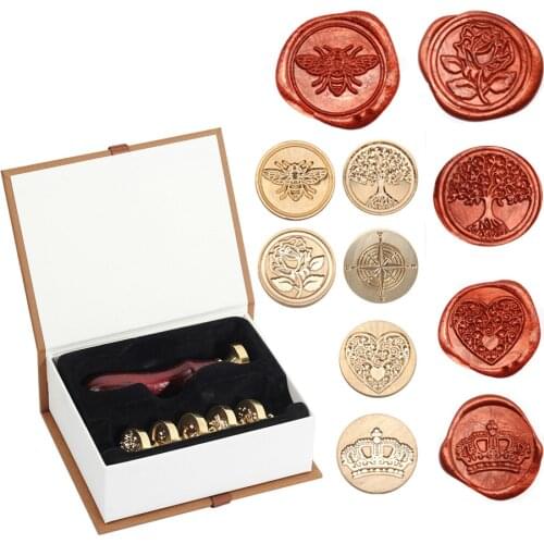HOT Wax Seal Stamp Set 6PCS Botanical Sealing Wax Stamp Brass Heads 1PC Wooden Handle Sealing for Invitations Cards Envelopes