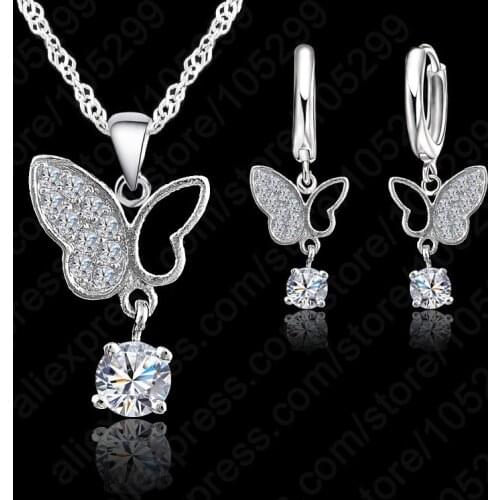 New Fashion Jewelry 925 Sterling Silver Statement Butterfly Crystal Necklace Pendand Jewelry Set Fast Shipping