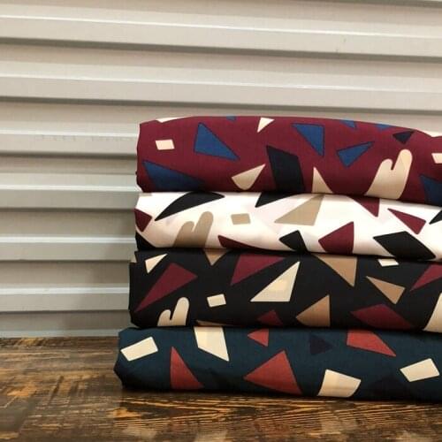Irregular Geometric Pattern Printed Cloth Blackish Green Wine Reddish Black White Background Triangular Printed/1m