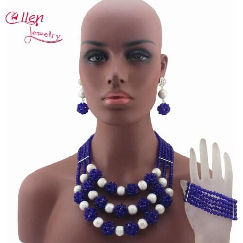 New African Royal Blue Crystal Beads Jewelry Set Nigerian Wedding Party African Jewelry Sets Crystal Beads Jewelry Sets W13568