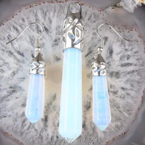 Charm Opalite Opal GEM Pendulum Hexagon Bead Pendant Earrings 1 Set