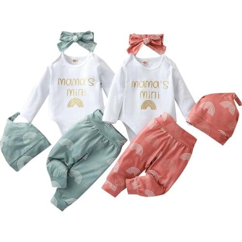 Citgeett Autumn Infant Baby Girls Boys Clothes Set Letter Print Long Sleeve Romper+Rainbow Print Trousers+Headband+Hat Suit