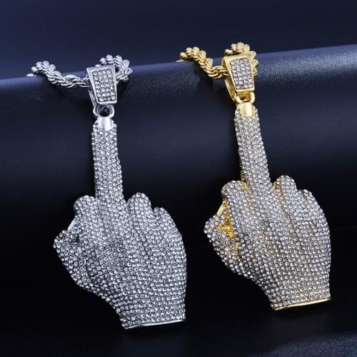 Iced Out Big Hands Pendants Necklace Full Crystal Zircon Rapper Middle Finger Up Hand Shape Hip Hop Jewelry For Men