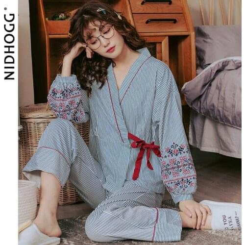 2020 Womens Kimono Pajamas Autumn Cotton Long Sleeve Sleepwear Sweet Sexy Tie Rope Plus Size Pijamas V-Neck Two Piece Set
