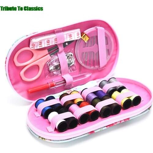 1Set Portable mini travel sewing kits box with color needle threads pin scissor sewing set with case box home tools DIY handwork