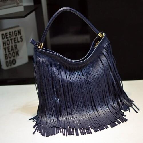 FIRMRANCH Simple Style Pure Color Double-Sided Tassel Design Large Capacity Vintage Soft Leather Womens Shoulder Crossbody Bag