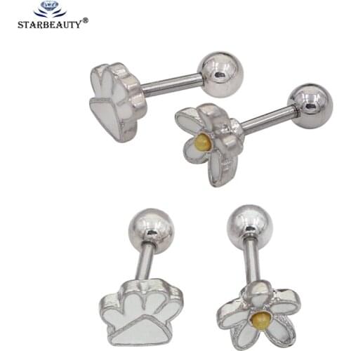 Starbeauty 2pcs Cute Flower Plam Shape 16 Gauge Earrings Ear Cartilage Tragus Helix Piercing 1.2*6mm 316L Steel Upper Ear Stud
