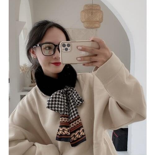 Scarf Plush Ladies Autumn And Winter Silk Scarf Ribbon Bowknot Imitation Rex Rabbit Fur Fashion Retro Temperament Keep Warm
