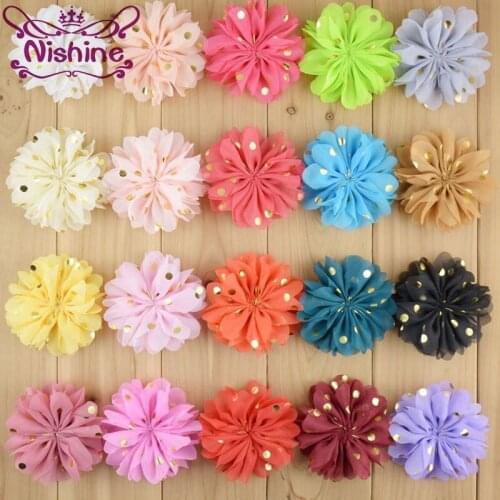 Nishine 120pcs/lot 3.2" Chiffon Dot Wave Flower Artificial Hair Flower For Kids Girl Headband Hair Clips Diy Hair Accessory