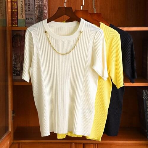 Chic womens brand new high quality metal Chain knit T-shirt Summer women elegant knitted Tee B865