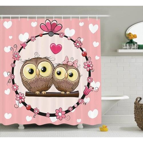 Owls Home Decor Shower Curtain Love Valentines Owl Couple on Tree Branch Floral Wreath Celebrations Art Bathroom Accessories