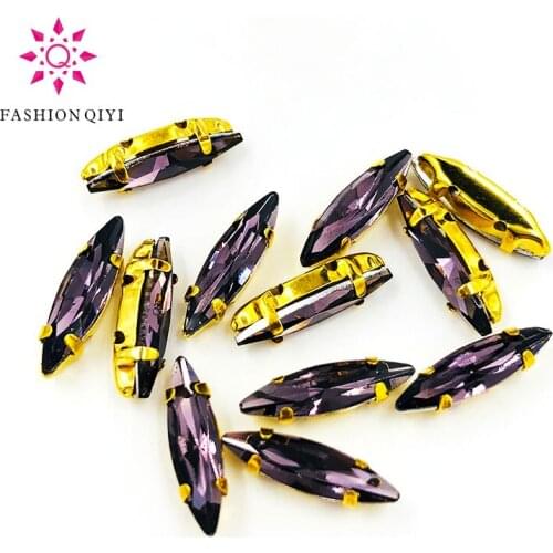 4x15mm Deep purple Horse eye shape 50pcs/pack Glass Crystal Gold bottom sew on claw rhinestones with hole diy Sewing On Garment