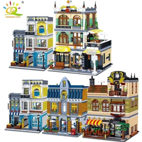 HUIQIBAO City Buildings Coffee Public House Shop Building Blocks Construction Architecture Street View Restaurant Bricks Toys