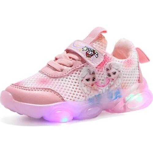 Disney Children Shoes Frozen Princess Aisha Spring and Autumn Trend Girls LED Breathable Soft Bottom Velcro Net Shoes for kids