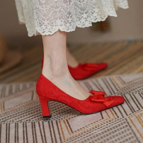 White French high heels womens bow knot square toe satin wedding shoes 2021 thick heel elegant temperament