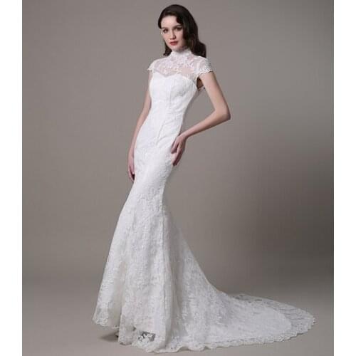 Vintage Lace Wedding Dress With High Neck Cap Sleeves And Keyhole Back