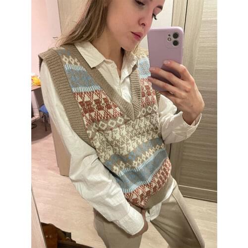 Trend Women Winter Casual Vest Sleeveless Knitted Sweater Loose Stretch Color Patchwork Shirt