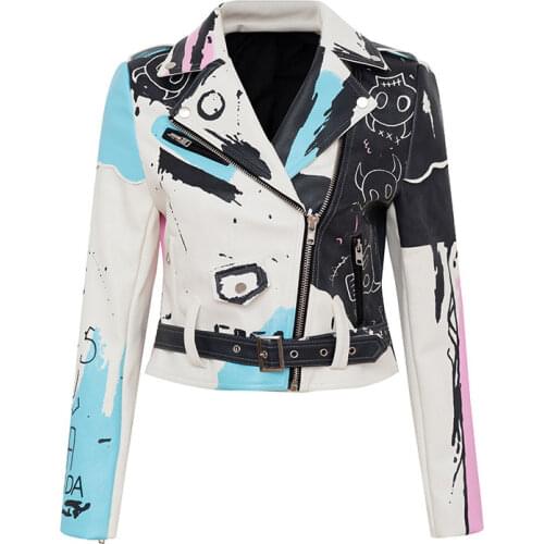 Spring Fashion Punk Rock Skull Faux Leather Jacket For Women Personality Graffiti Print Rivet Moter Jacket