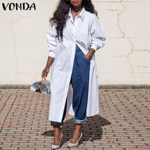 Women Long Sleeve Shirts 2021 VONDA Casual Solid Color Lapel Neck Blouse Femme Office Ladies Shirts Blusas Femininas Oversized