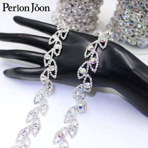 1Yard Silver AB crystal leaf chain lace rhinestone trim DIY sewn on bridal wedding decoration accessories ML141