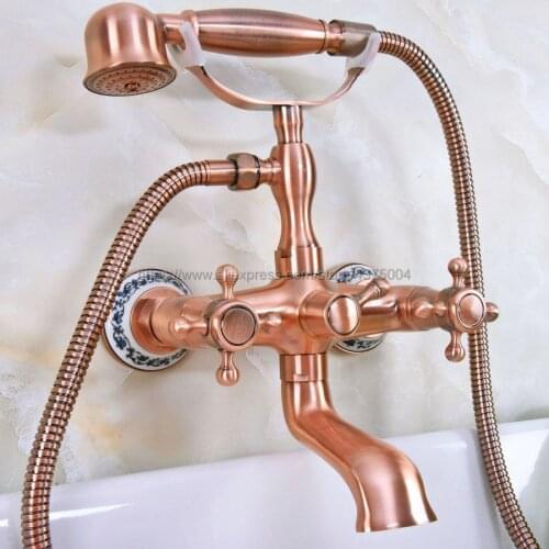 Antique Red Copper Wall Mount Bathtub Tub Mixers Two Cross Handles Bathroom Bath Shower Faucet with Handshower Nna338