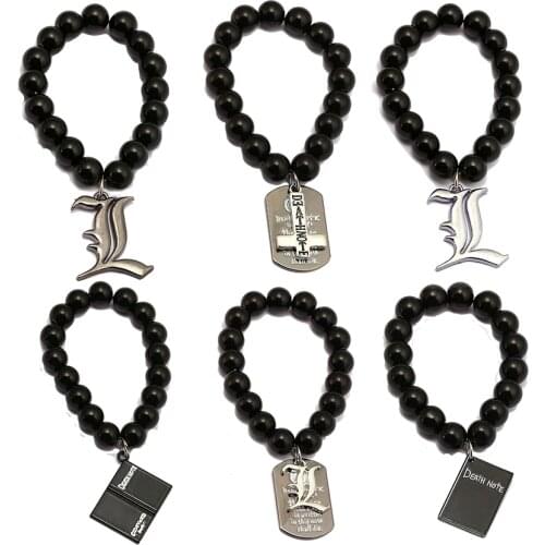 Death Note Bracelet L Logo Black Book Onyx Beads Hand Chain Anime Bangle Writstband Wristlet Accessories Gift Women Men Jewelry
