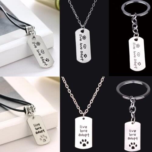 Live Love Adopt Dog Tag Pendant Necklace Cat Pet Lover Paw Footprint Keychains Keyring Memorial Fashion Jewelry Gifts Car Keyfob