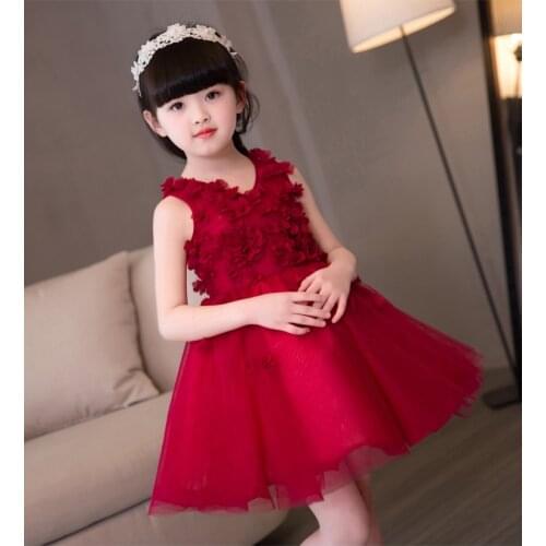 Elegant Red Flower Girls Dresses Appliques Kids Pageant Party First Communion Dresses for Little Girls Prom Wedding Dresses