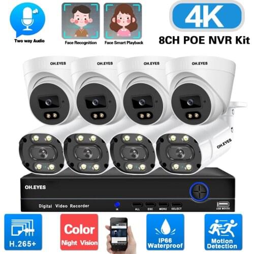 8CH POE CCTV Camera Security System Kit 4K NVR Kit Outdoor Two Way Audio Color Night IP Video Surveillance Camera System Set 8MP
