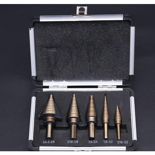 5Pcs cascade drill triangle handle high-speed steel-aluminium box-mounted woodworking opener set 1/2 1/4 3/4 1/8 3/8 7/8 3/16