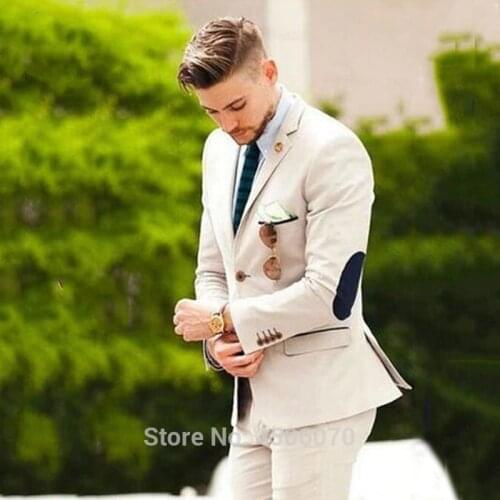 Beige Suit Men Wedding Suits For Men Elbow Patches Business Casual Groom Wear Tuxedo Slim Fit Male Blazers 2Pieces Jacket Pants