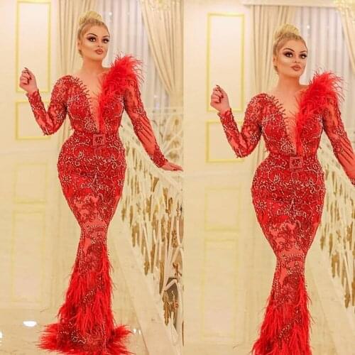 Red prom dresses 2019 long sleeve deep v neck feather pearls lace mermaid party evening dresses