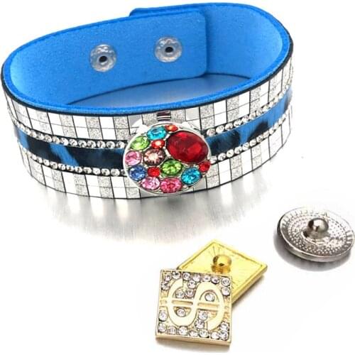 Leopard Fashion Bling Bling 327 Crystal Velvet Leather 18mm Snap Button Charm Bracelet Bangle Jewelry For Women Teenagers Gift